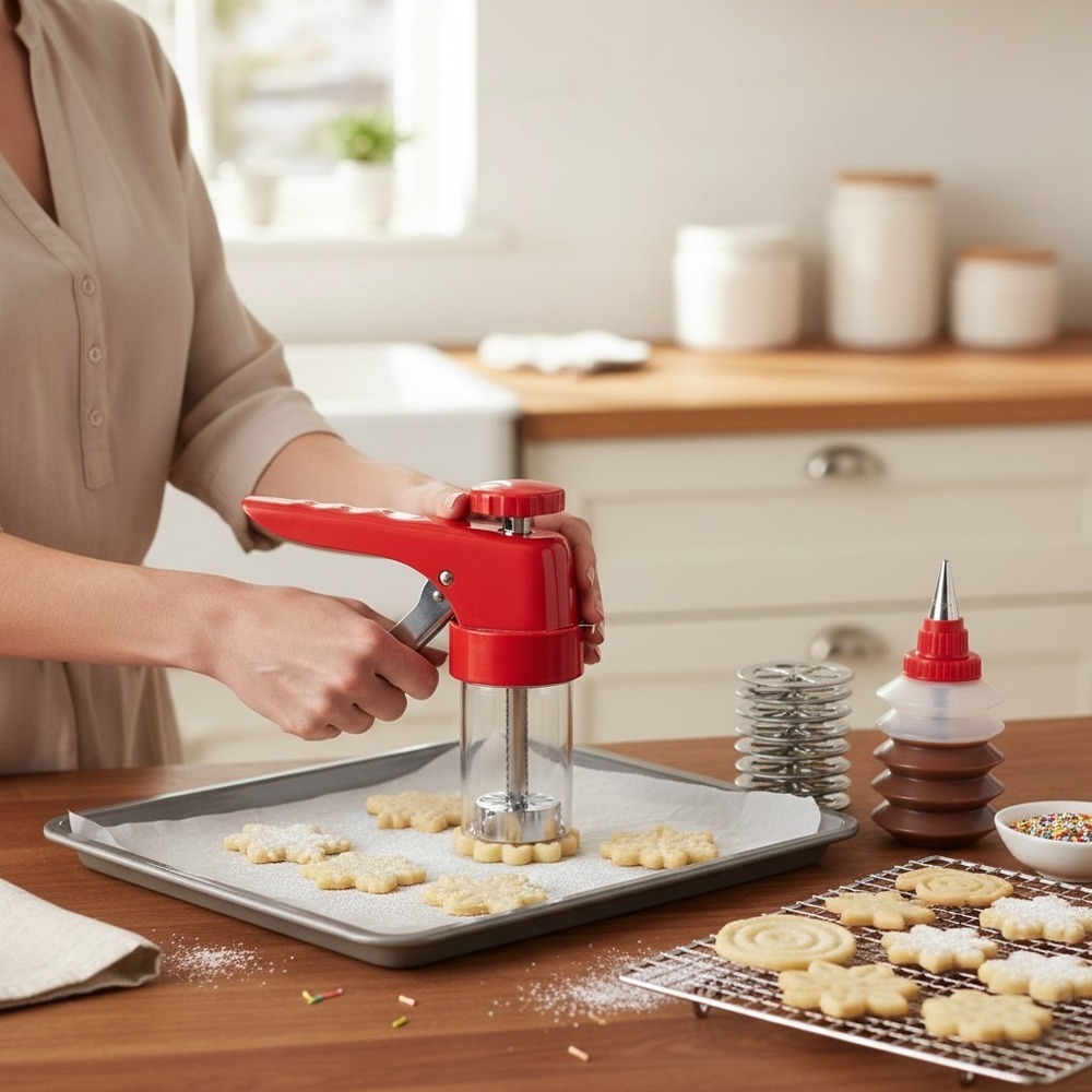 Kuhn Rikon Cookie Press Set Red OS Brand New 10 Disks & Decorating Bottle